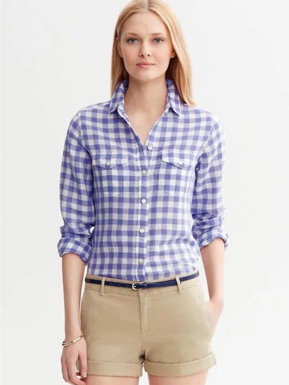 Banana Republic Soft Wash 60% Linen 40% Cotton Gingham Shirt Petite S